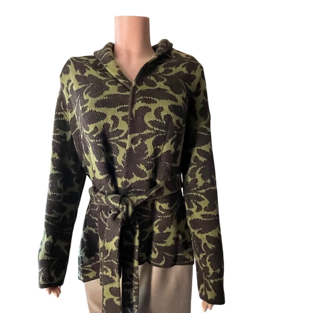 Isaac Mizrahi Live‎ Green Brown Knit Belted Cardigan L Thick Heavy Sweater Coat
